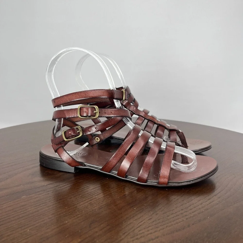 Crewcuts Fisherman Sandal Girls K2 Brown Leather Buckle Ankle Strappy Thong Shoe